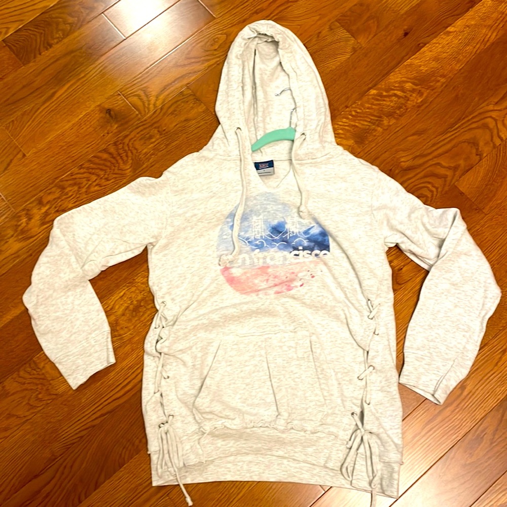 Woman’s San Francisco  hooded sweatshirt light Grey- lattice sides / sz small